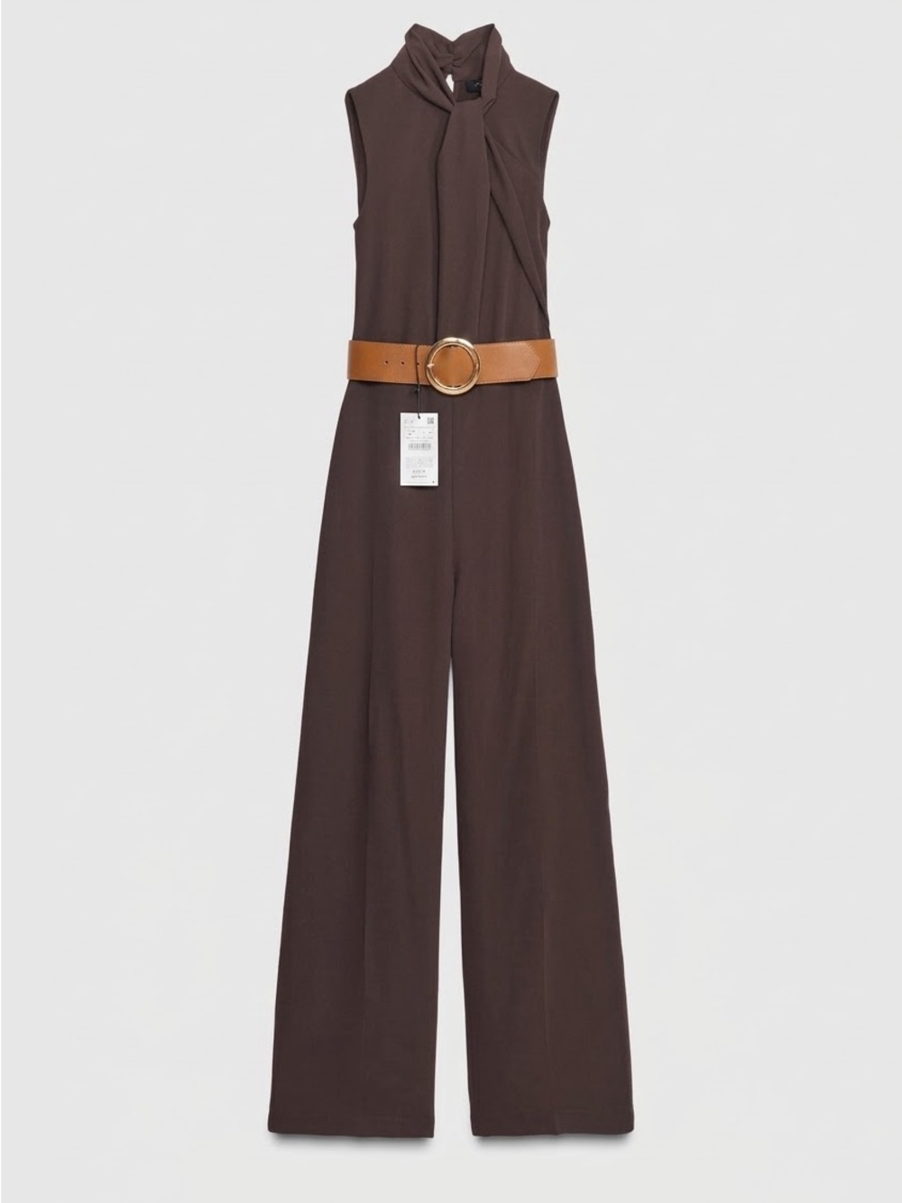 Zara Chocolate Brown Sleeveless Wide-Leg Jumpsuit with Tan Belt